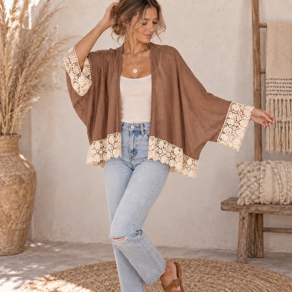 Umgee Brown Crochet Lace Trim Kimono Cardigan Size M/L Boho Festival Coverup